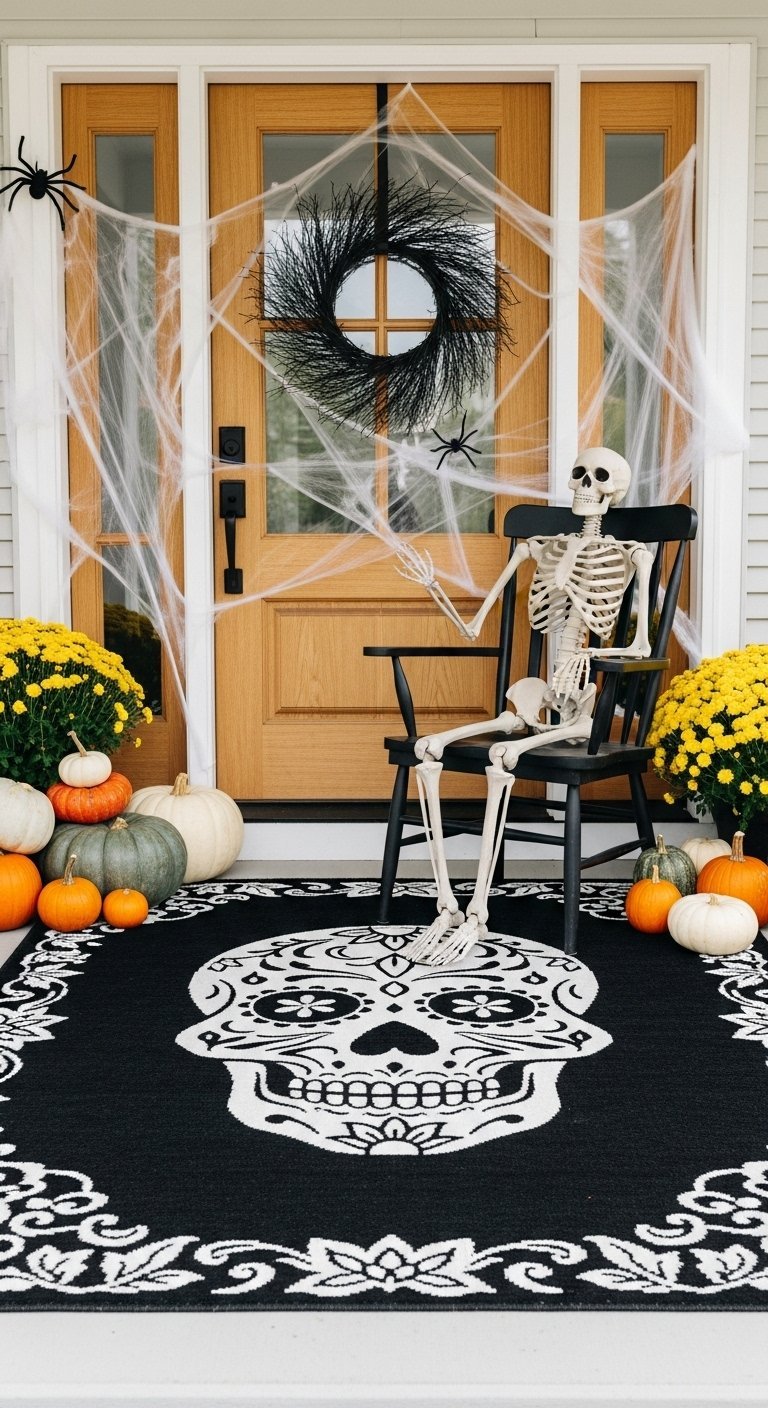 Squelette assis sur une chaise devant une porte avec tapis tête de mort