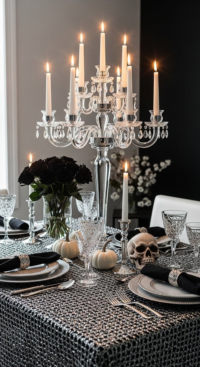 Table halloween glamour avec nappe a paillettes argentees et chandelier en cristal