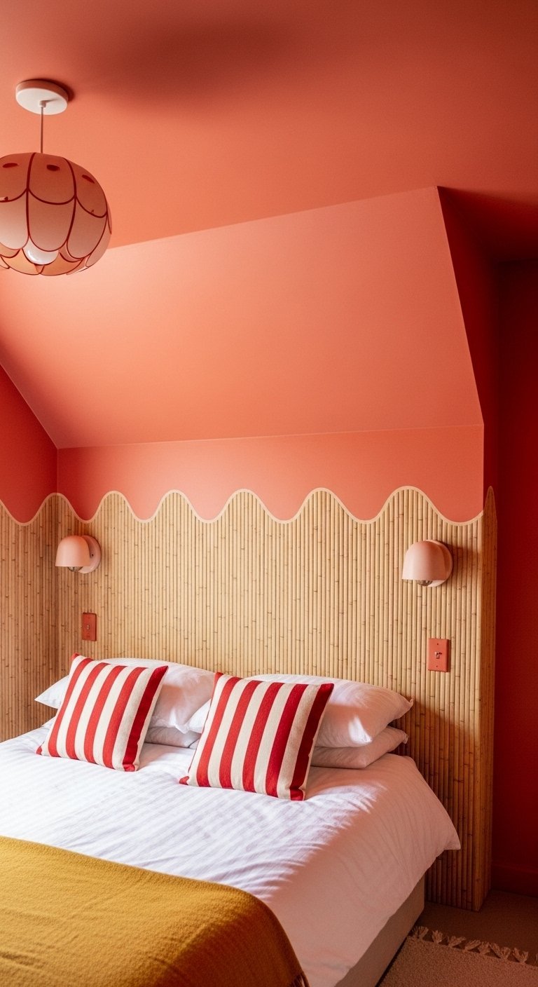 Tête de lit en bambou avec mur et plafond roses