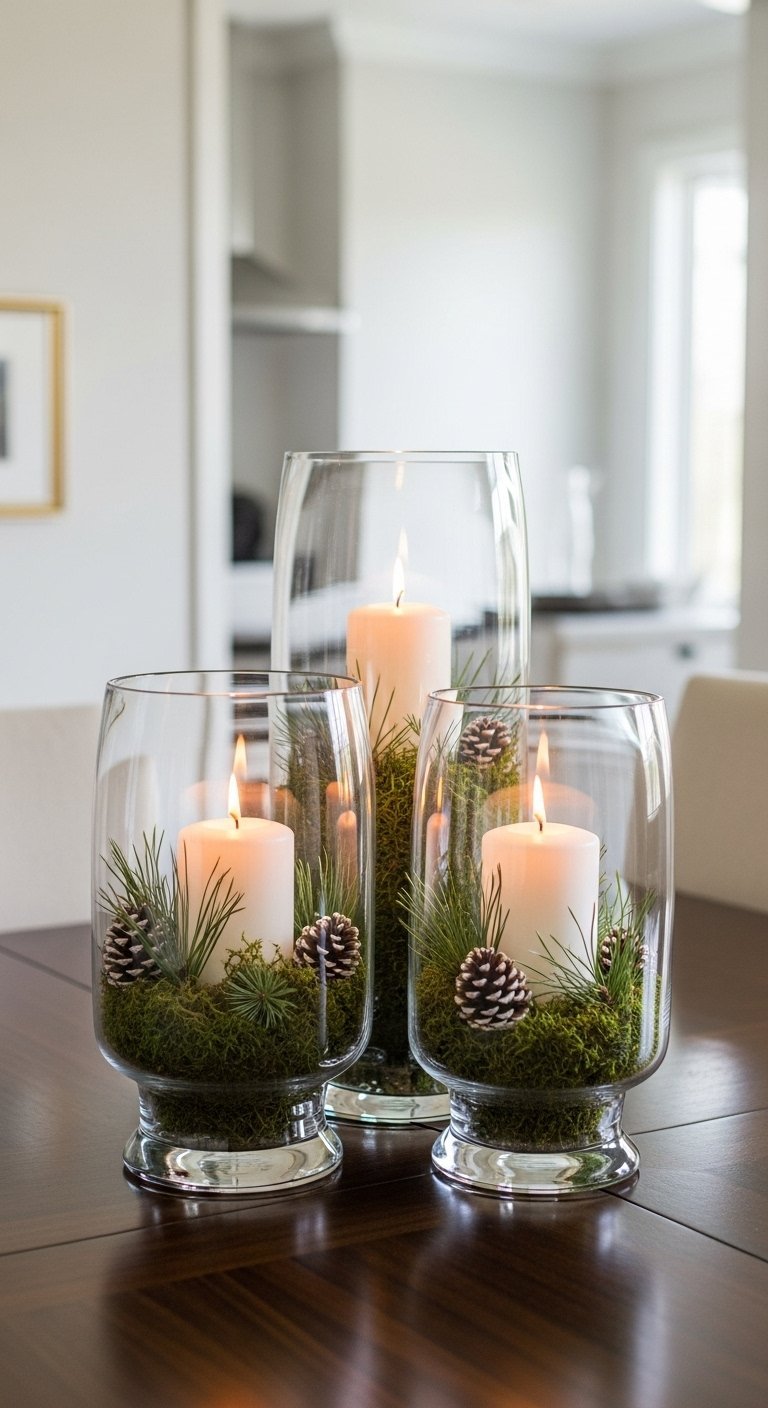 Trio de grands vases en verre avec bougies blanches mousse et pommes de pin