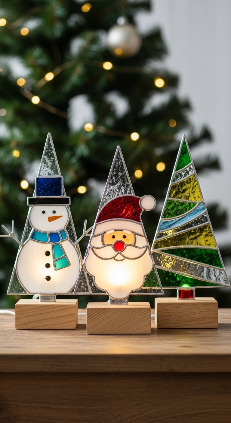Trio de lampes de Noël en vitrail bonhomme de neige Père Noël et sapin sur socle en bois