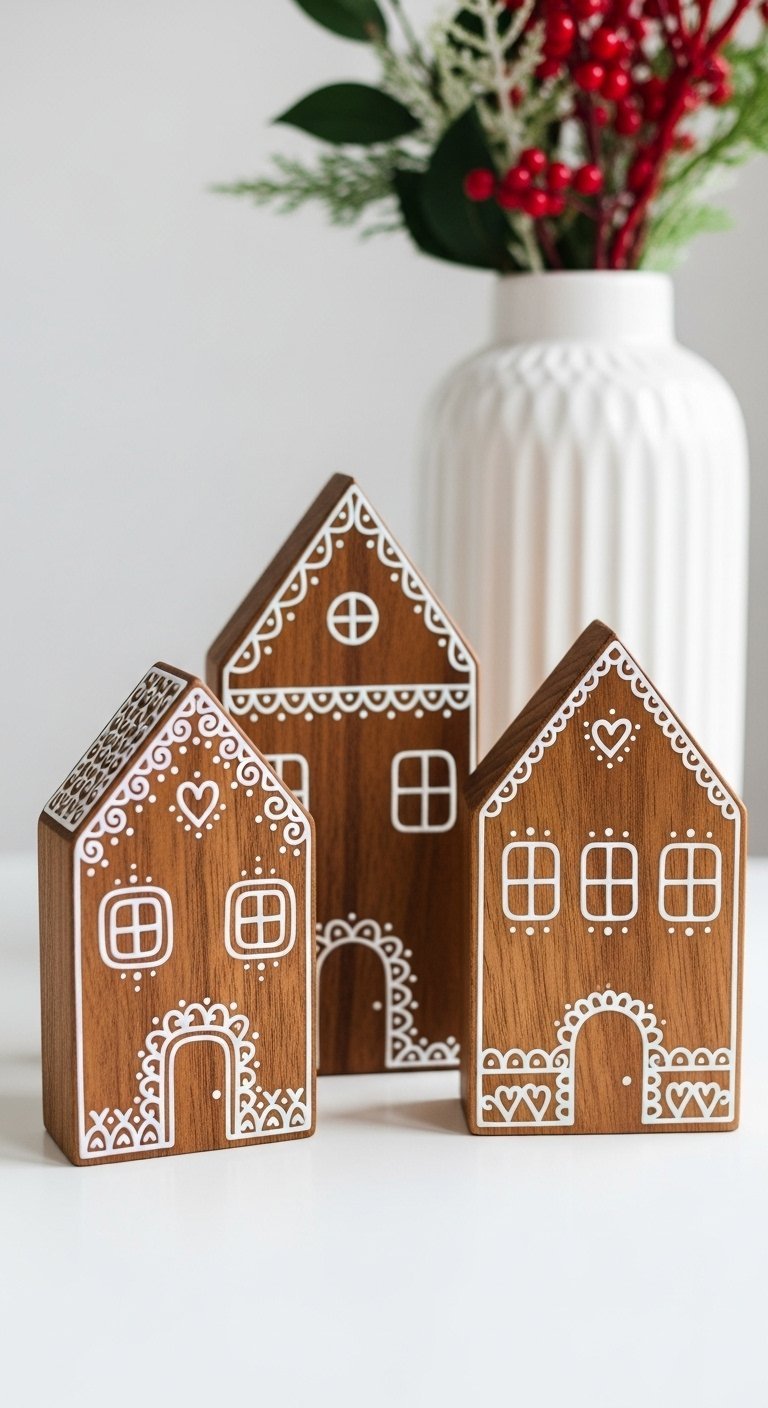Trois maisons en bois style pain d epices avec des details peints en blanc