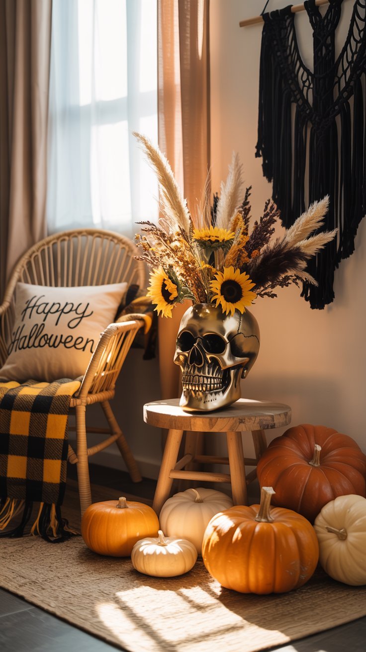 Vase doré en forme de tête de mort avec des tournesols dans un coin bohème
