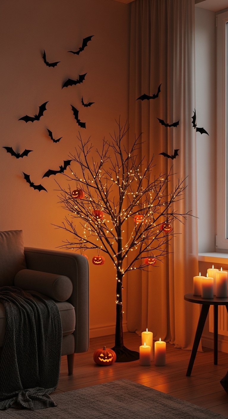 Arbre lumineux d Halloween decore de citrouilles dans un salon