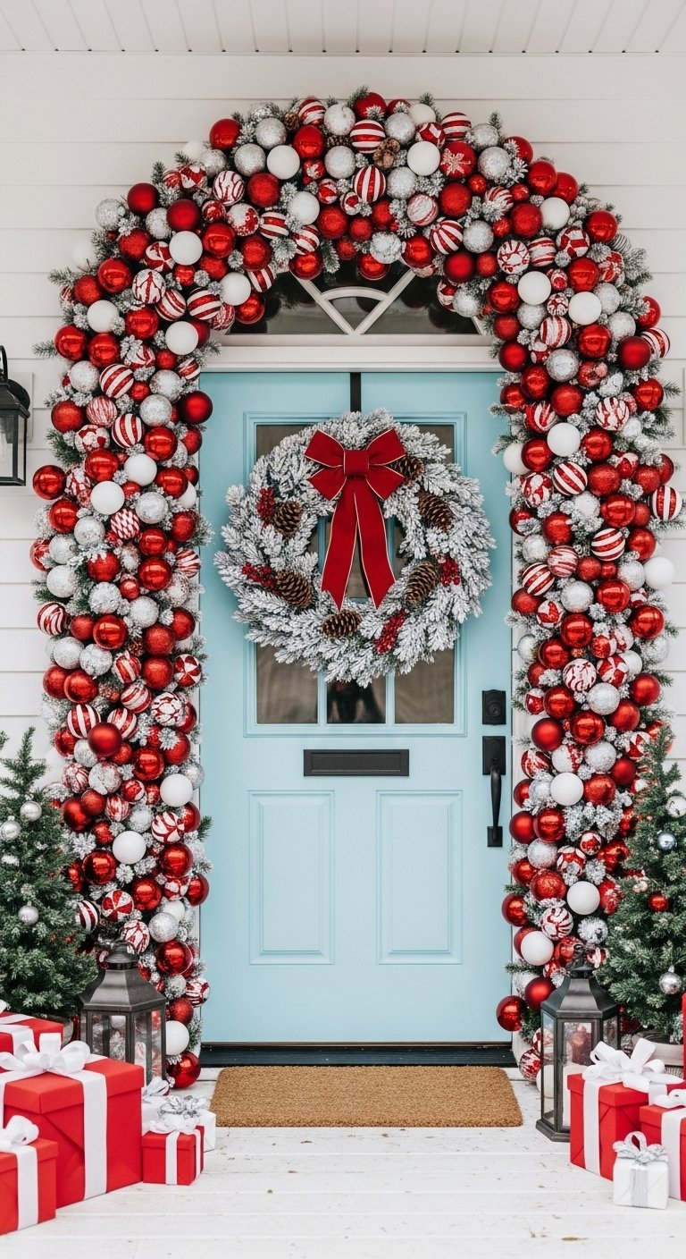 Arche luxuriante de boules de Noël rouges et blanches autour d une porte d entrée bleu clair