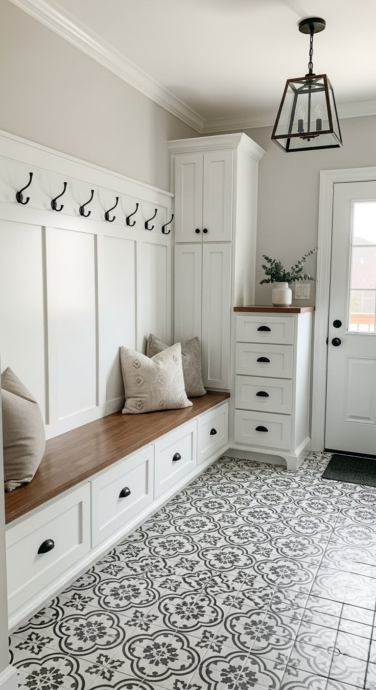 Banc d entree blanc de style mudroom avec carrelage a motifs