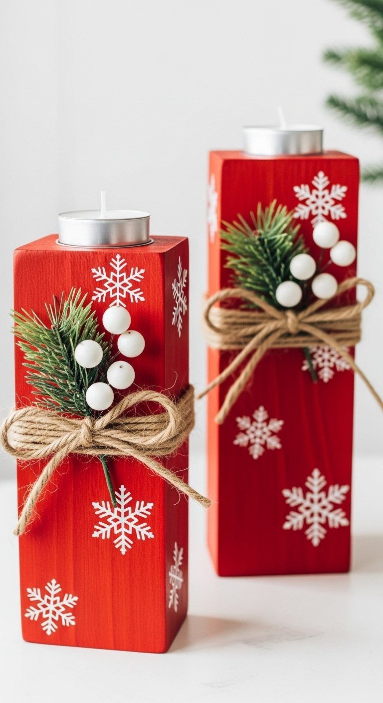 Bougeoirs carres en bois rouge decores de flocons de neige et de ficelle