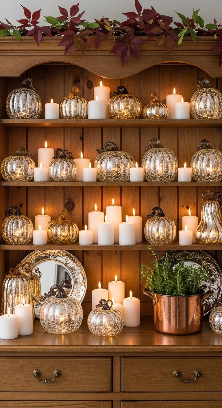 Buffet en bois rempli de citrouilles en verre mercurisé et de bougies allumées