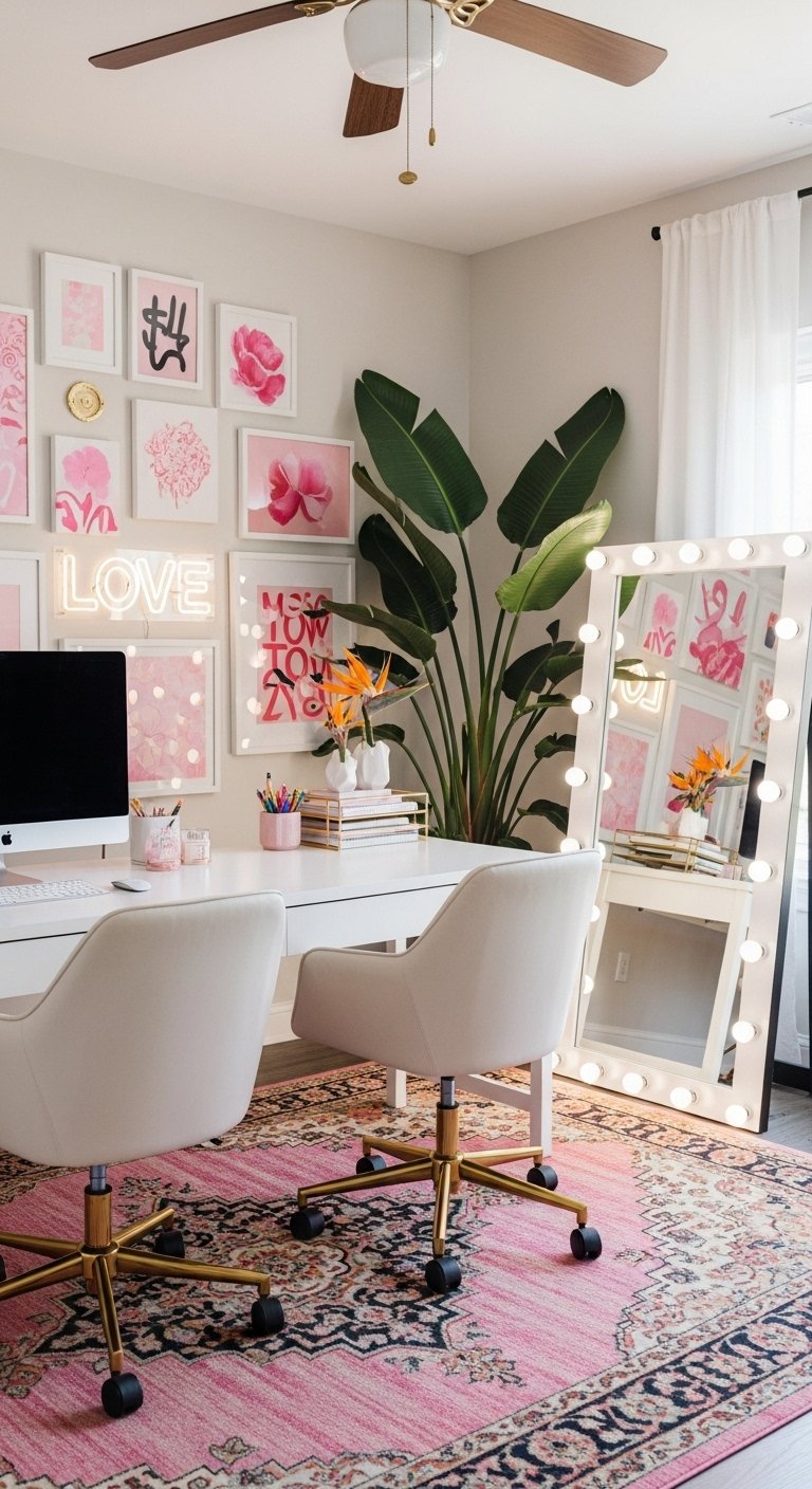 Bureau blanc avec mur galerie rose et miroir hollywoodien