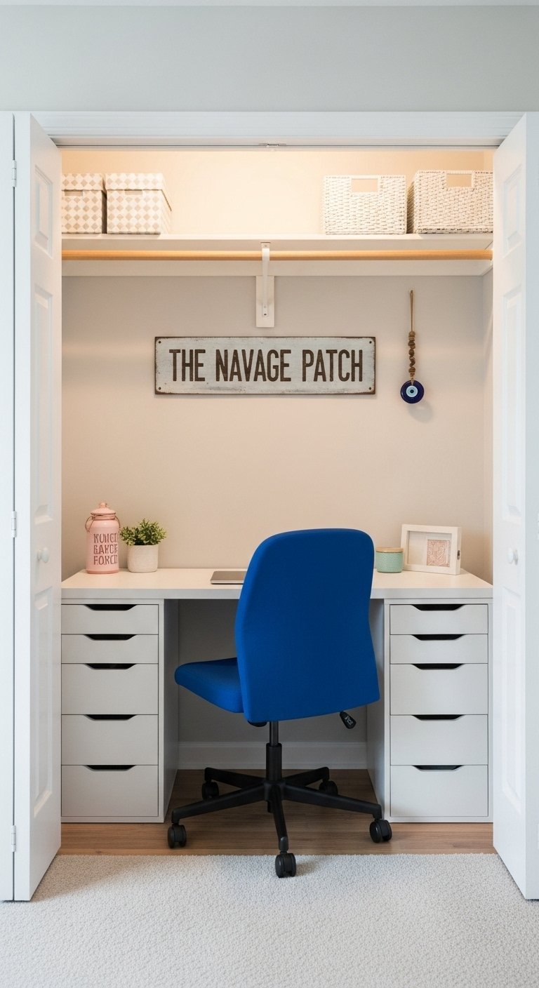 Bureau blanc composé de deux caissons à tiroirs et une chaise de bureau bleue vive