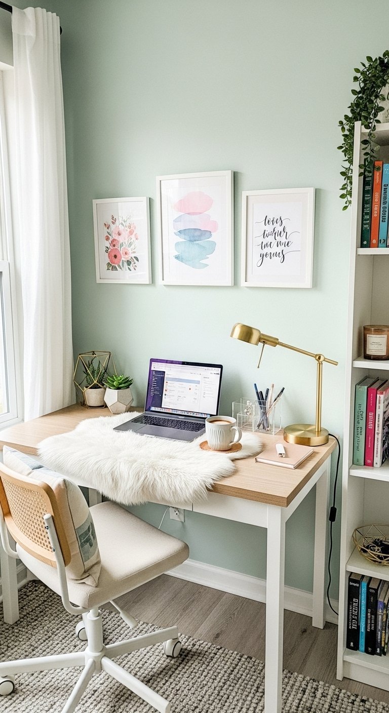 Bureau en bois et blanc devant un mur vert sauge avec une chaise en rotin