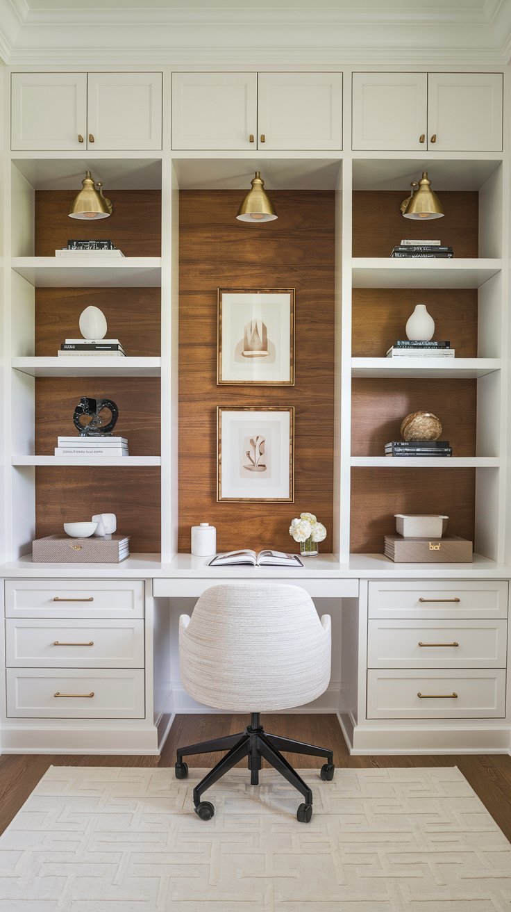 Bureau intégré blanc avec niche en bois et appliques murales dorées