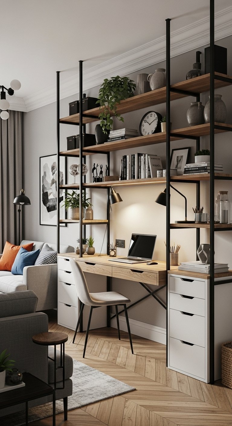 Bureau intégré dans une étagère de séparation de style industriel