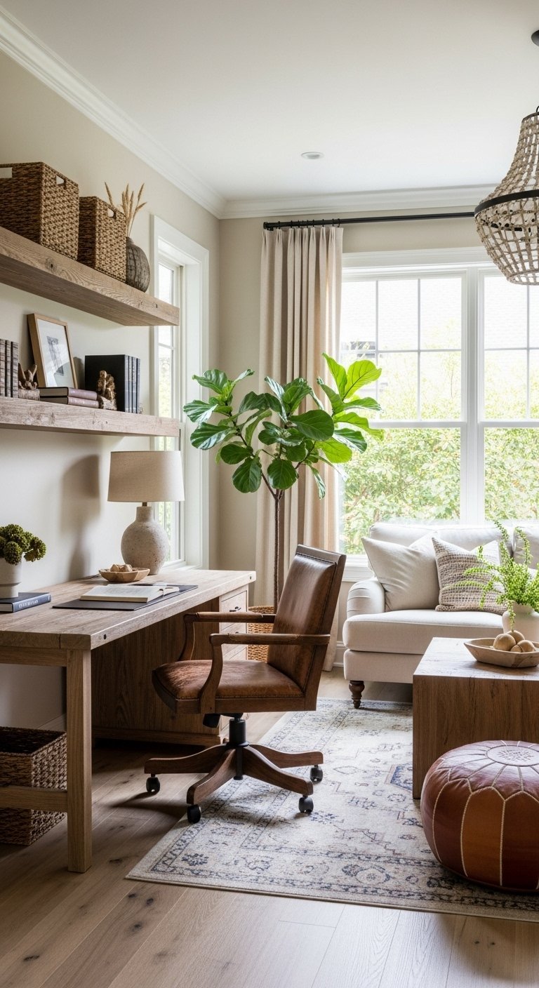 Bureau rustique en bois avec fauteuil en cuir marron dans un salon boheme