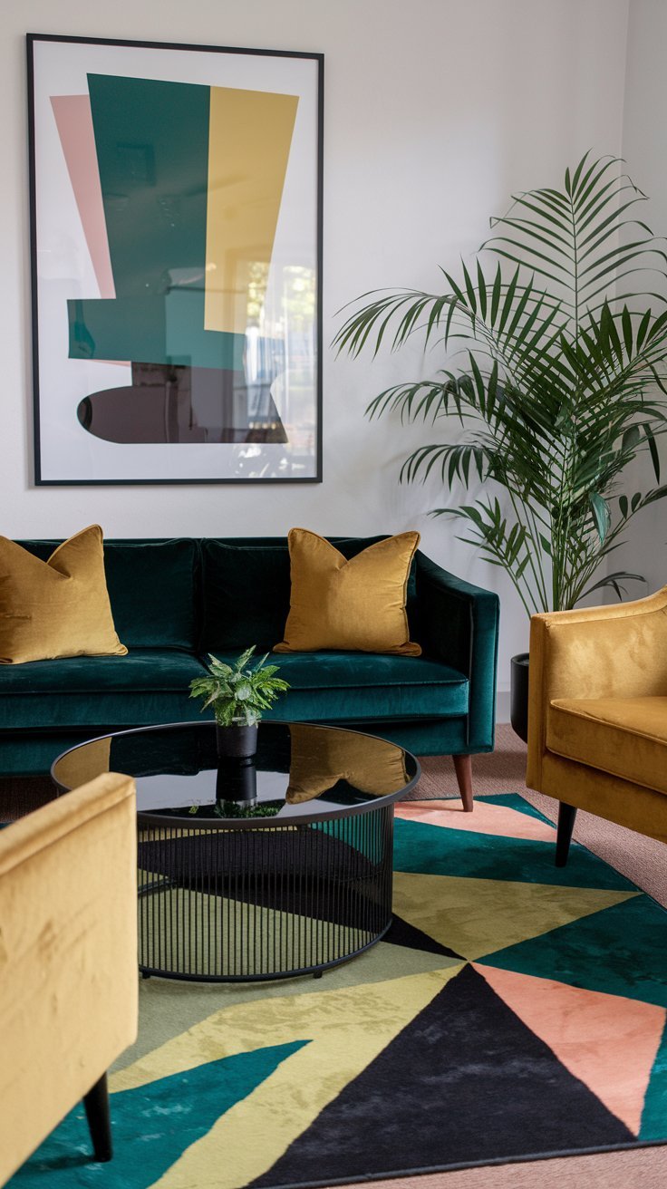 Canape en velours vert avec fauteuils jaunes et tapis geometrique