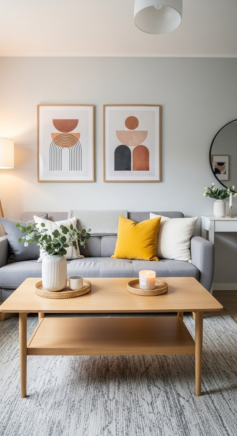 Canapé gris avec coussins jaunes et table basse en bois clair