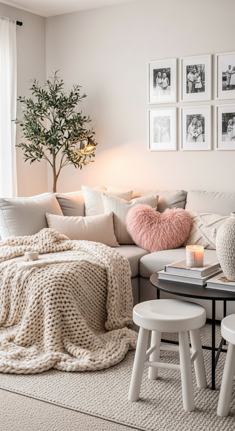Canapé gris clair avec plaid en grosse maille et coussin coeur rose