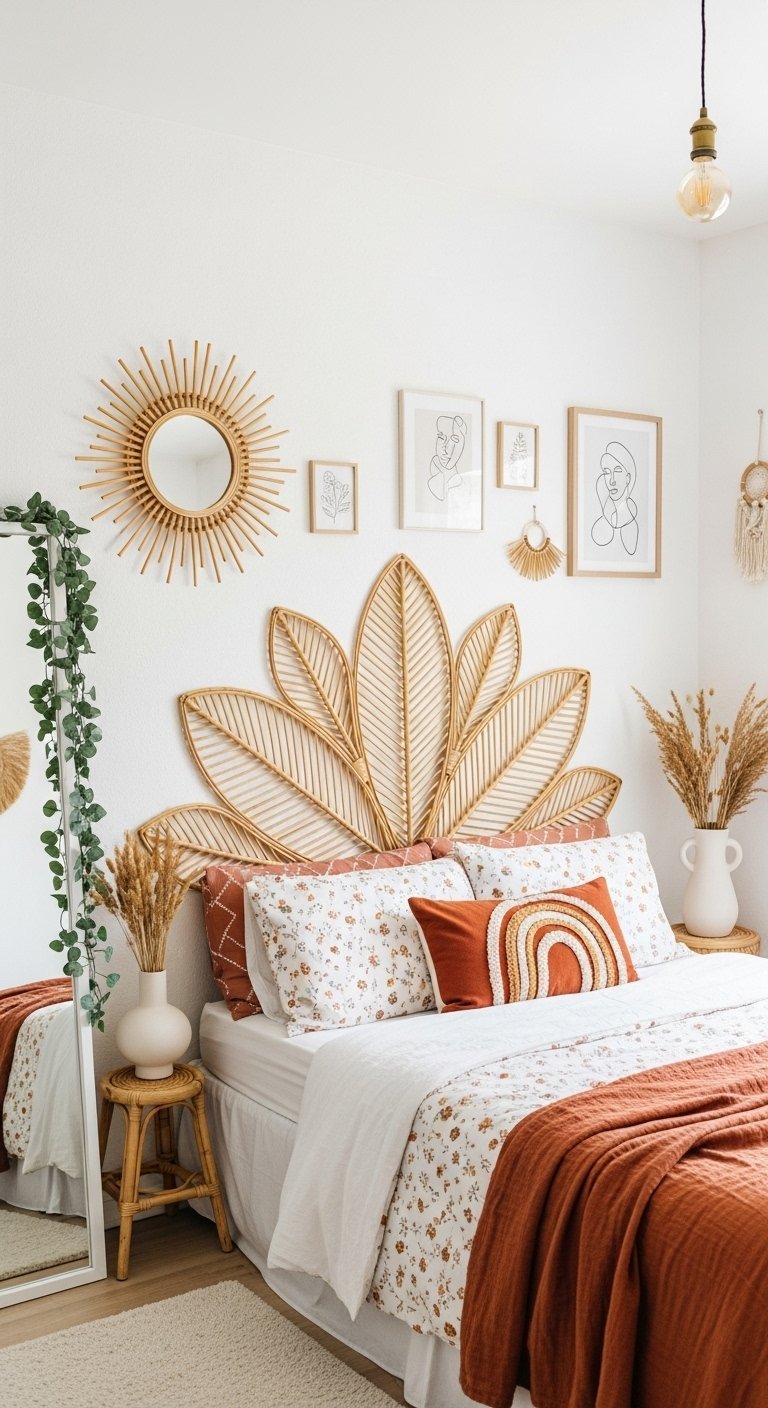 Chambre bohème avec une grande tête de lit en rotin en forme de feuille