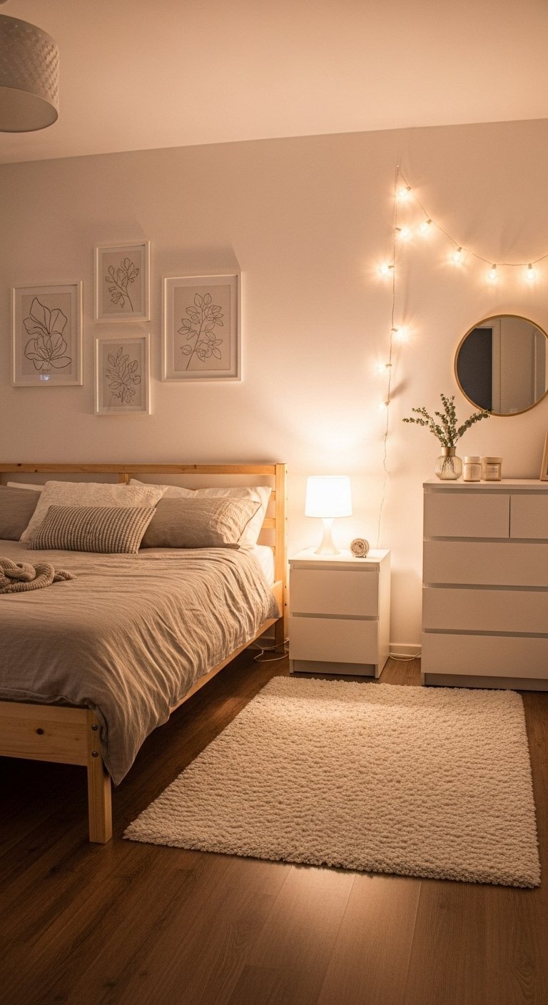 Chambre minimaliste avec guirlande lumineuse et mobilier simple
