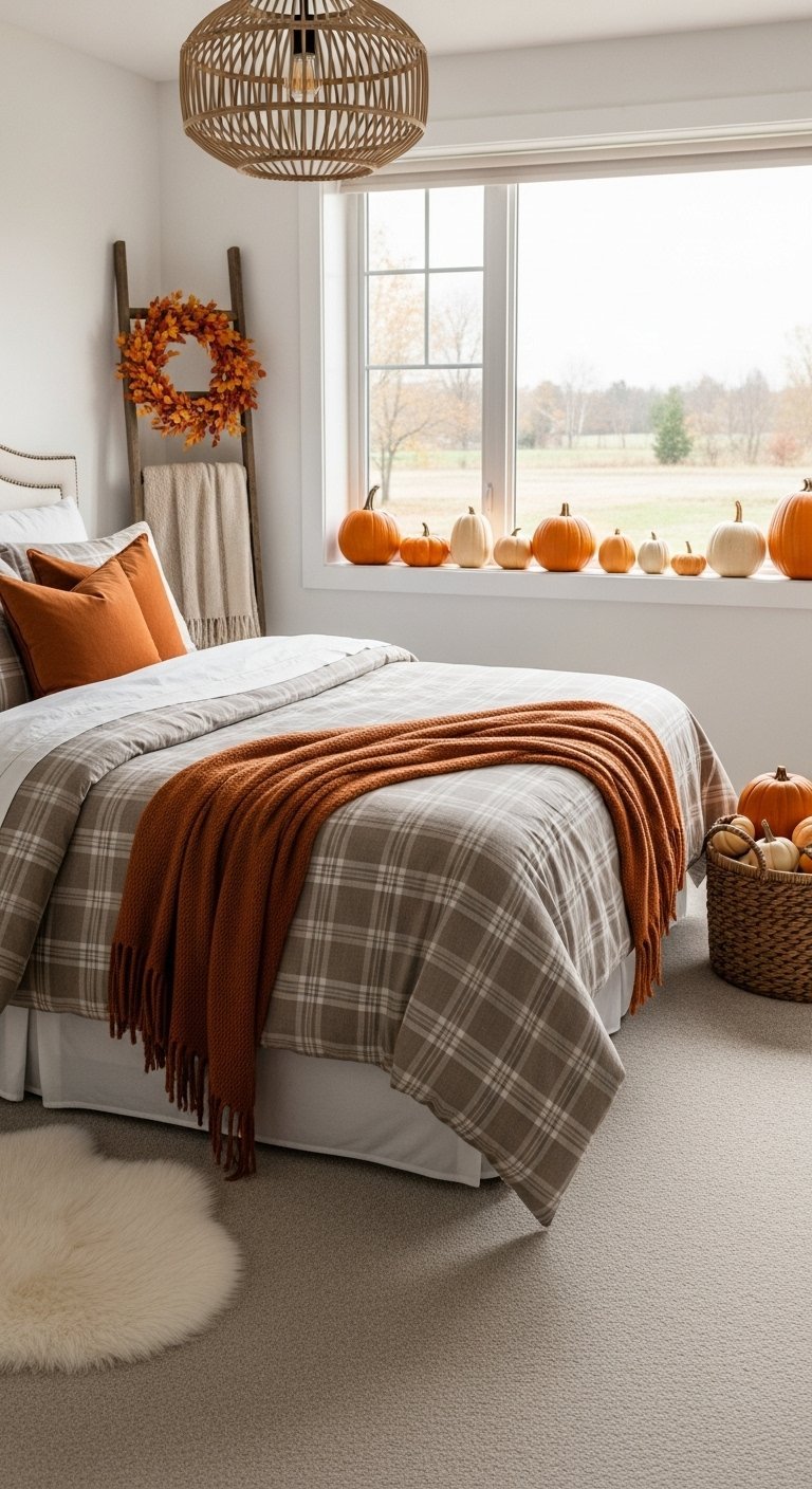 Chambre minimaliste avec une echelle en bois portant une couronne d automne