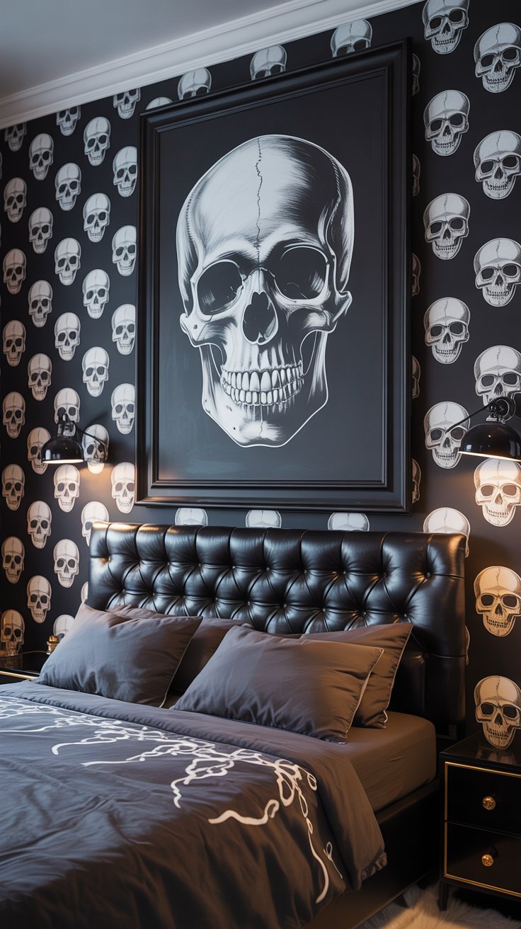 Chambre moderne avec papier peint à têtes de mort et tête de lit en cuir