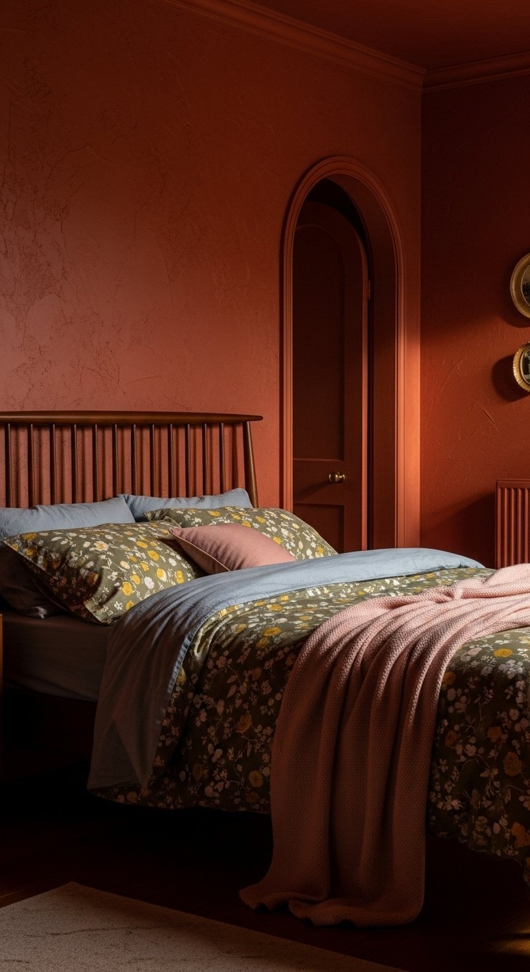 Chambre monochrome terracotta avec tête de lit en bois et porte voûtée