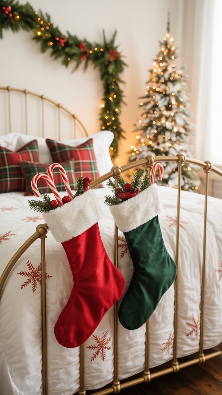 Chaussettes de Noël rouges et vertes suspendues à un cadre de lit en laiton