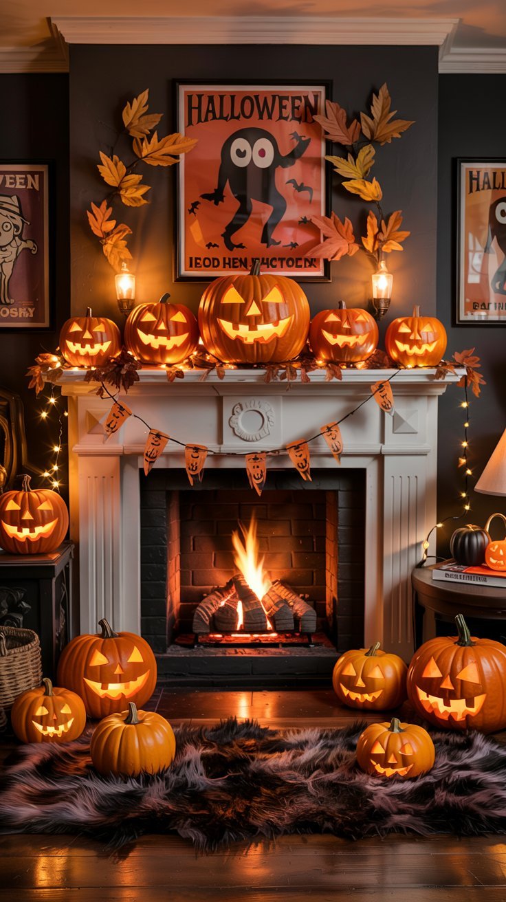 Cheminee blanche decoree avec des citrouilles illuminees et des guirlandes pour Halloween