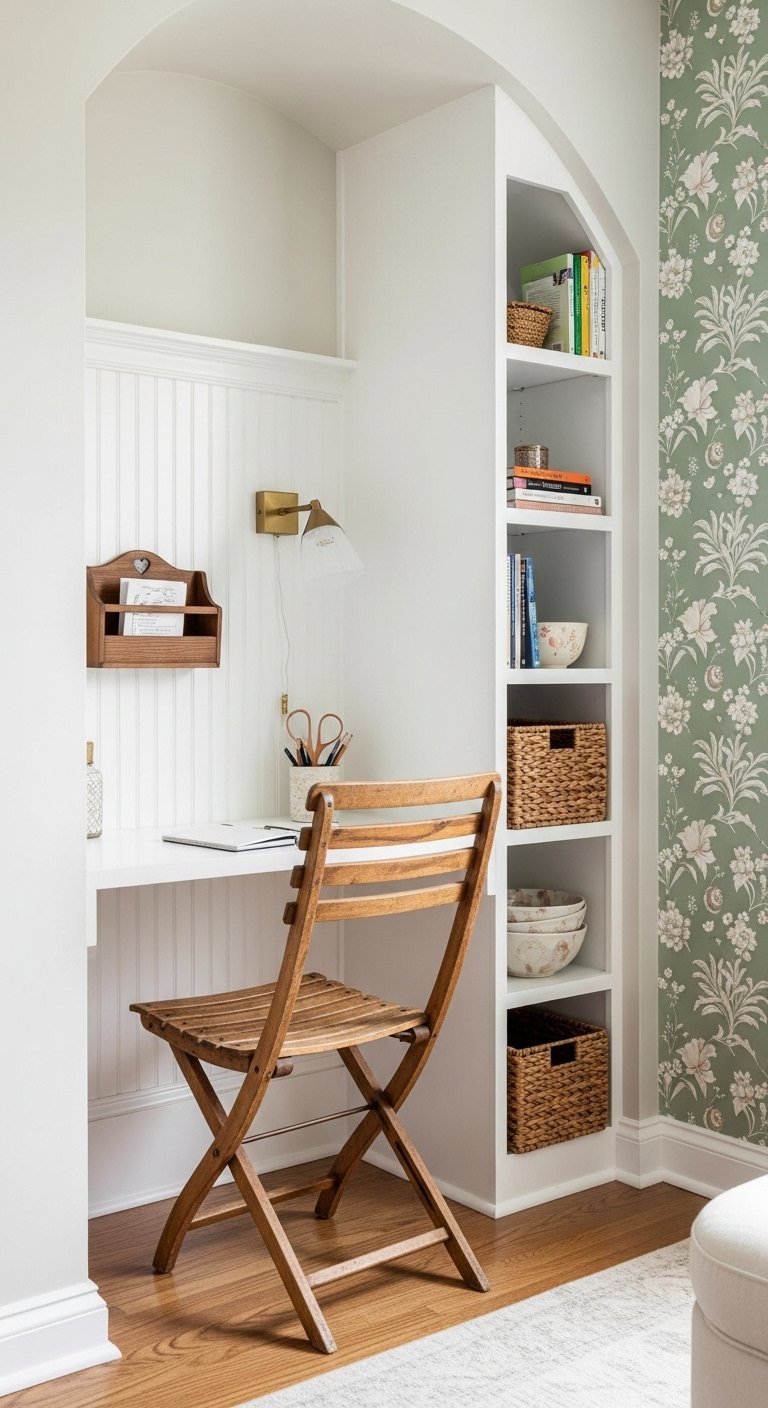 Coin bureau rustique avec chaise en bois et papier peint floral
