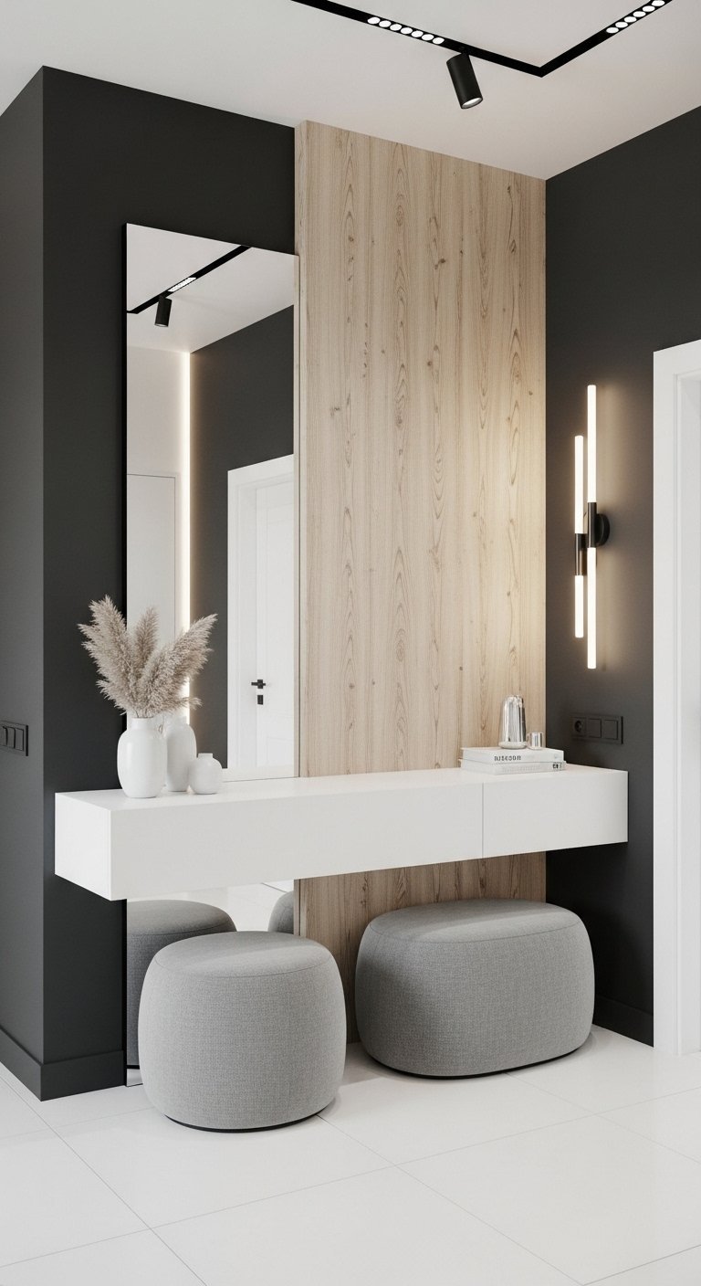 Console blanche flottante devant un mur noir et un panneau en bois avec deux poufs gris
