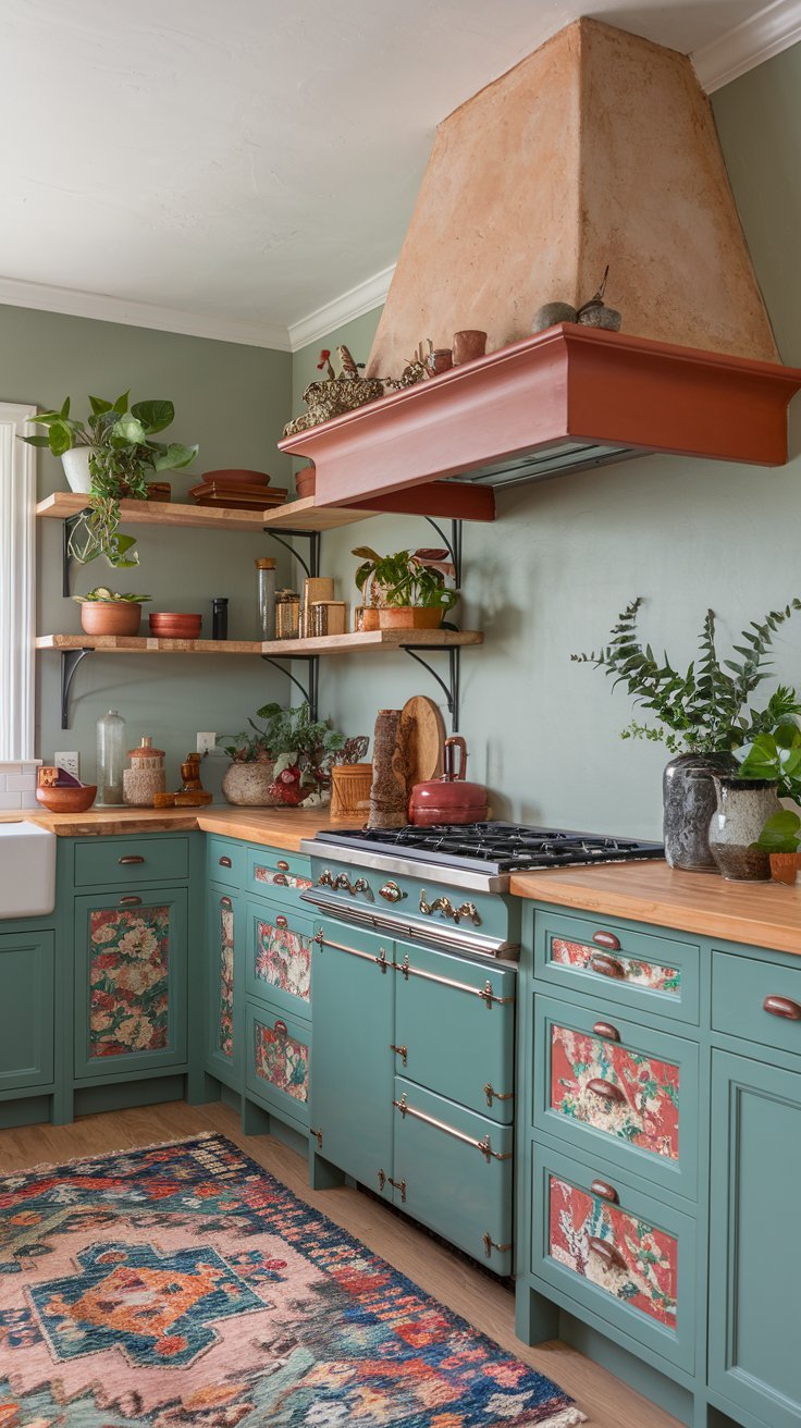 Cuisine vert d eau avec façades florales et hotte en terre cuite