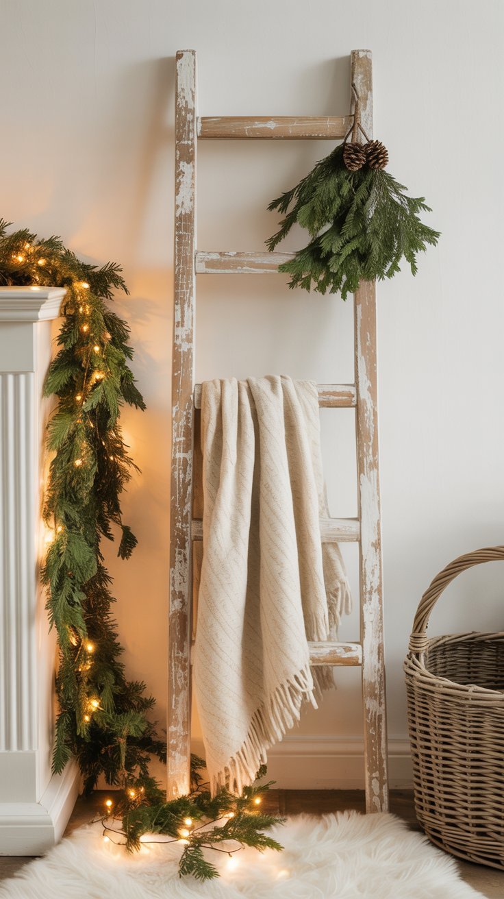 Échelle en bois décorative avec une couverture et une branche de sapin