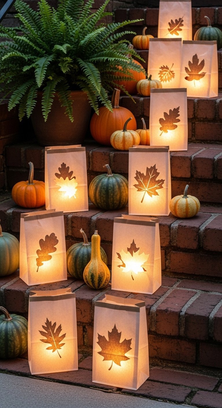 Escalier en briques décoré de sacs en papier lumineux avec des motifs de feuilles