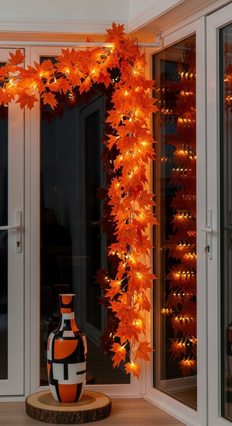 Guirlande lumineuse de feuilles derable orange autour une porte vitree blanche