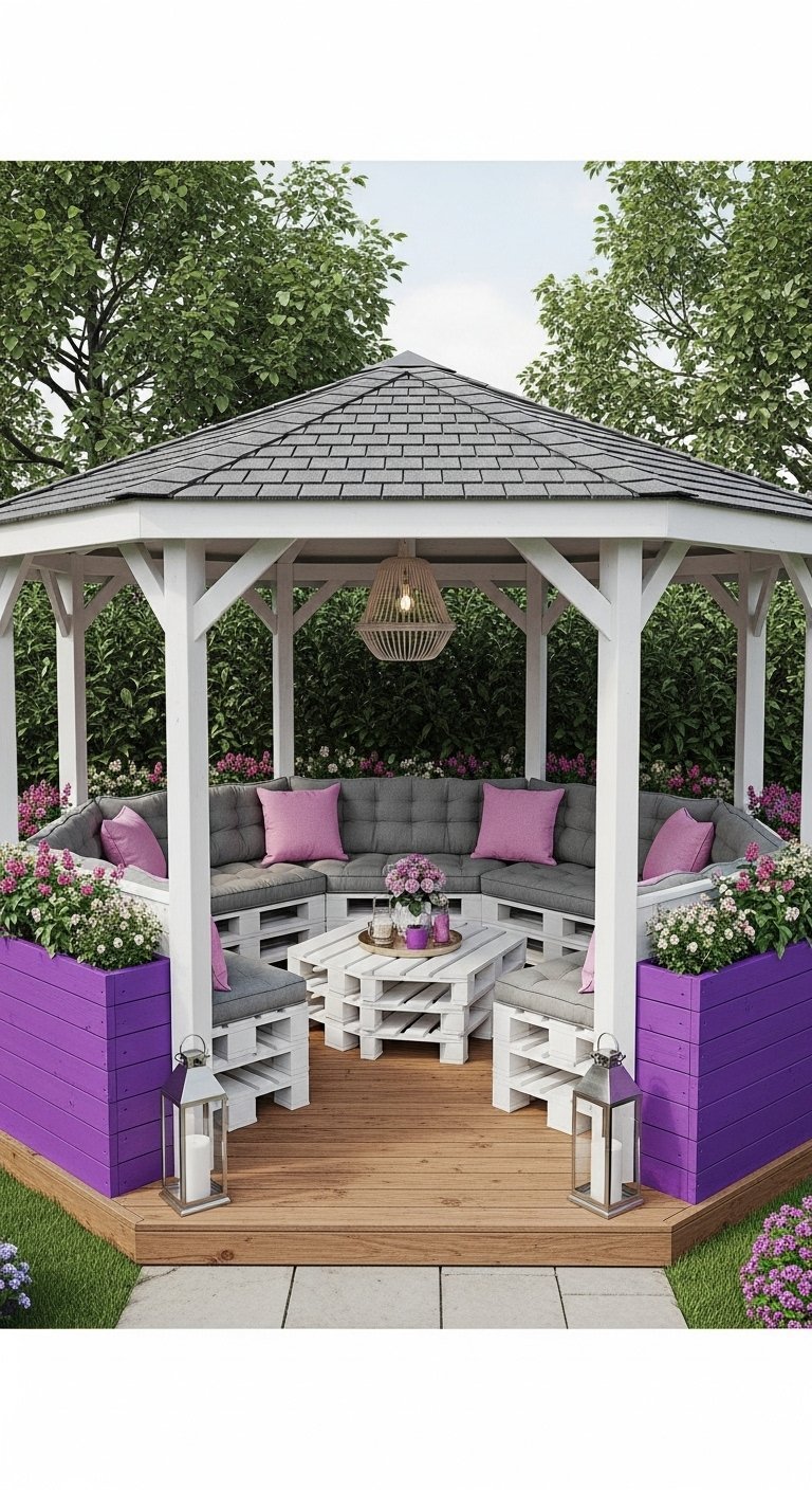 Kiosque de jardin hexagonal blanc avec mobilier en palette et jardinières violettes