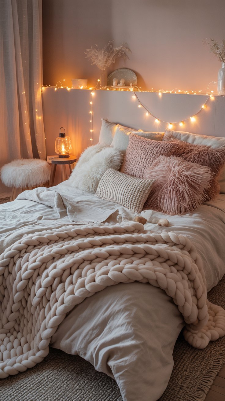 Lit confortable avec plaid en grosse maille et coussins en fausse fourrure