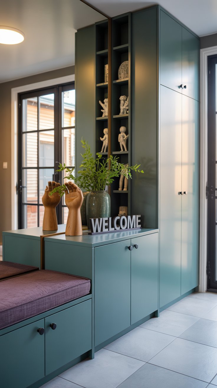 Long meuble de vestiaire bleu sarcelle avec banc rembourré de couleur prune