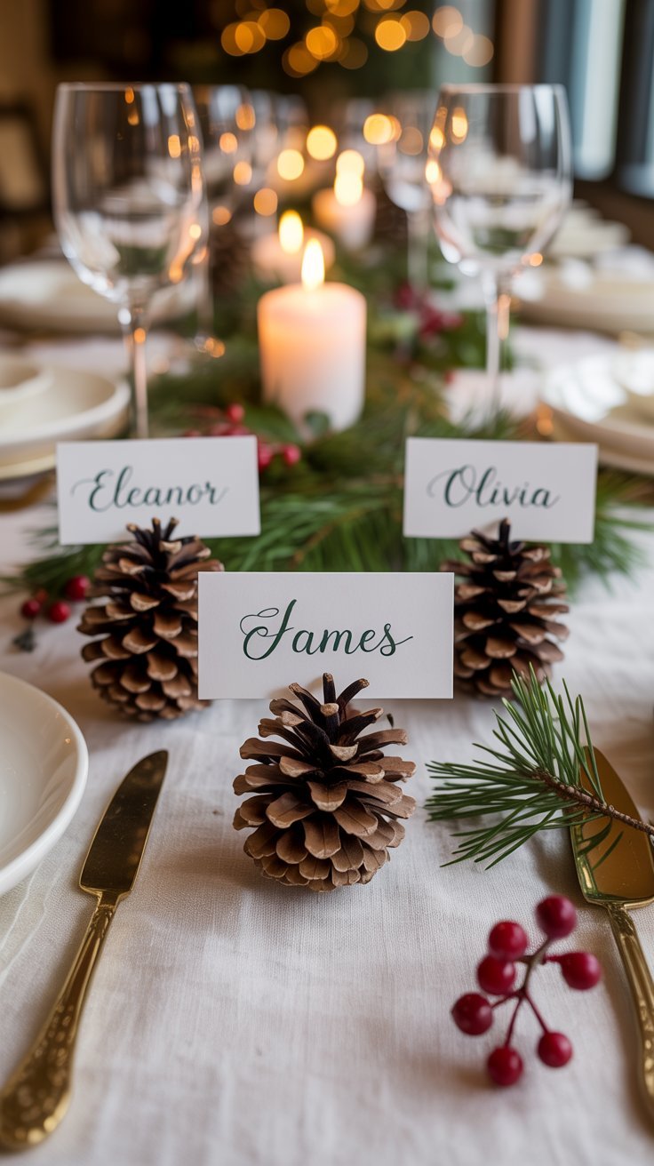 Marque places de table de noel avec des pommes de pin