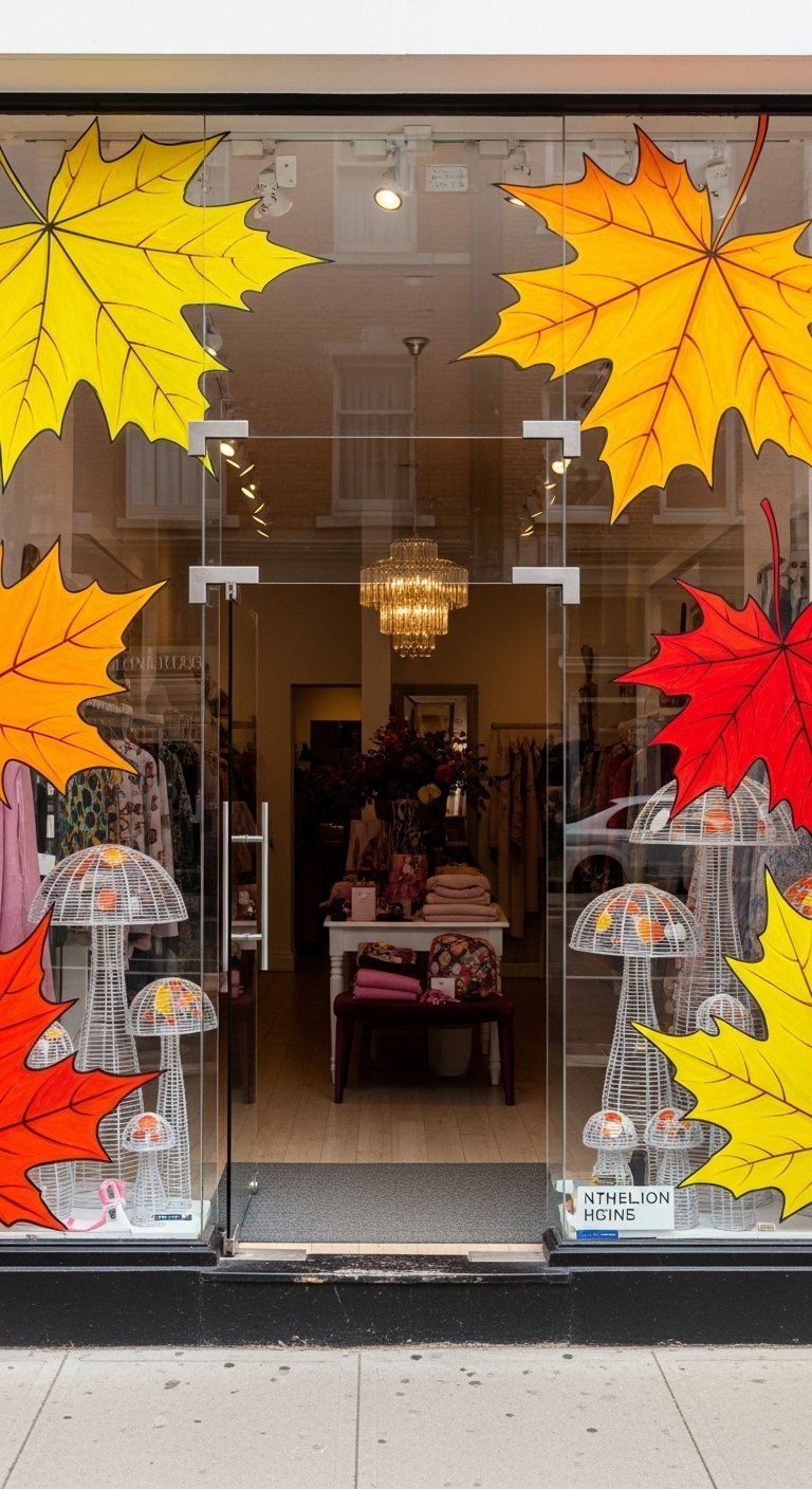 Peinture de grandes feuilles d automne sur la vitrine d un magasin