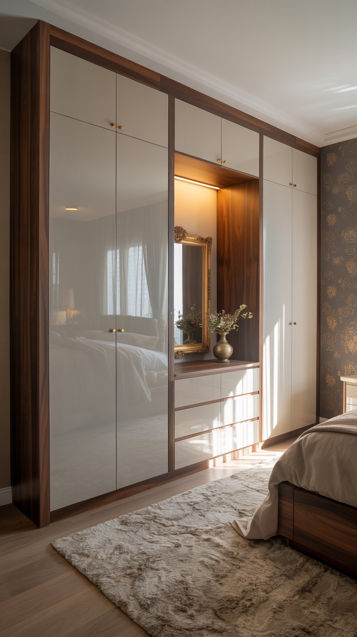 Penderie laquée beige avec cadre en bois foncé et niche coiffeuse