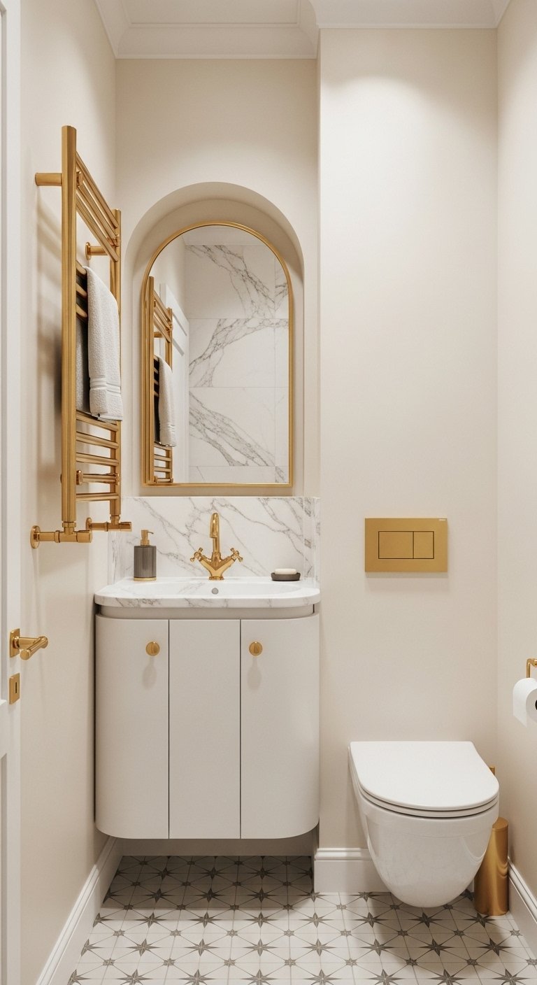 Petite salle de bain élégante avec meuble arrondi et robinetterie dorée