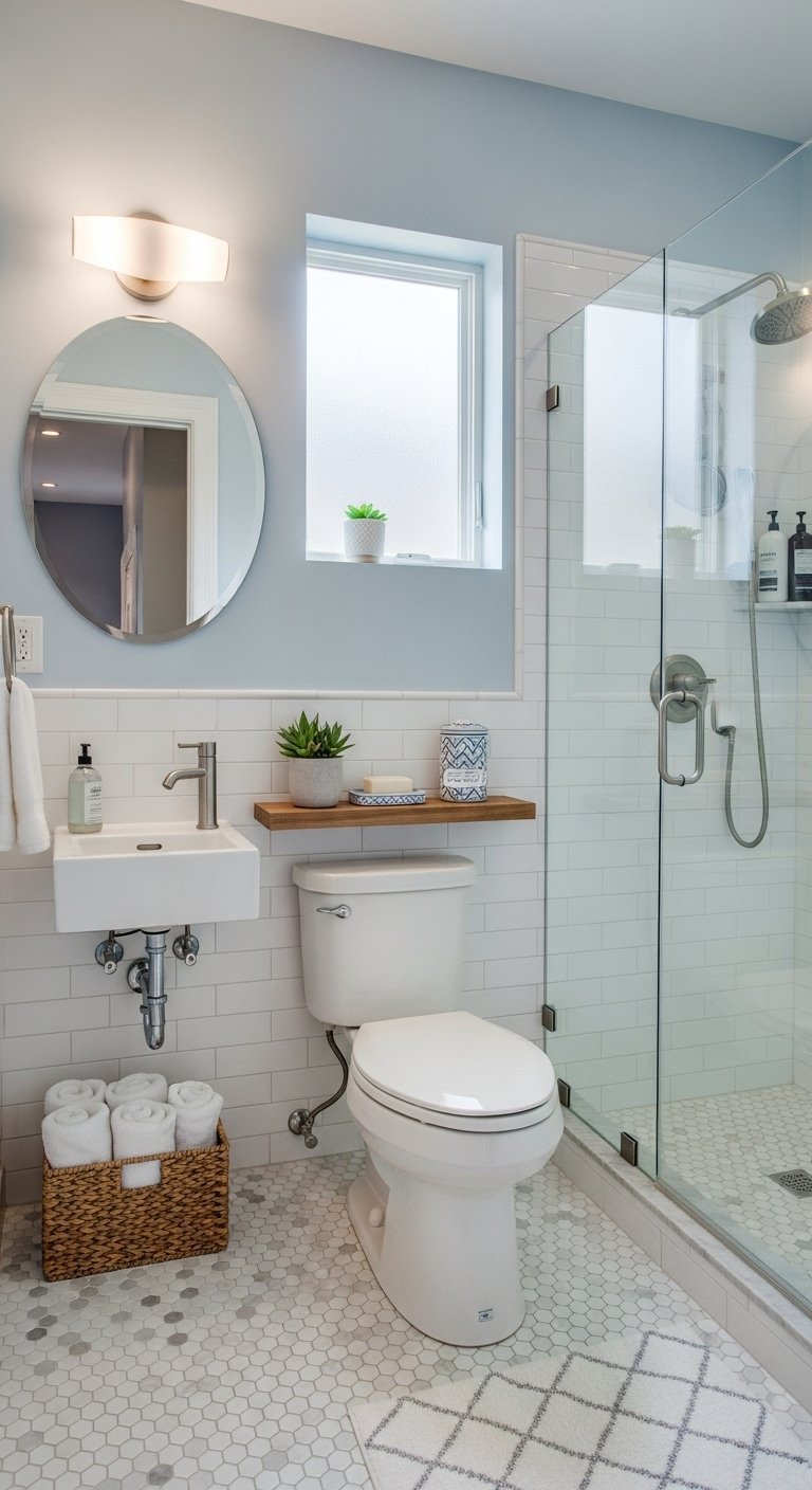 Petite salle de bain lumineuse avec carrelage métro blanc et douche vitrée