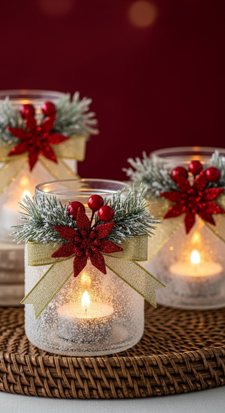 Photophores de Noël en verre décorés de neige artificielle et ruban doré