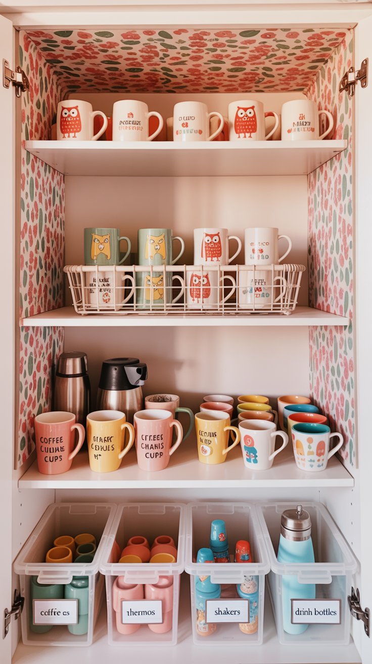 Placard coloré avec tasses et bacs de rangement étiquetés en plastique