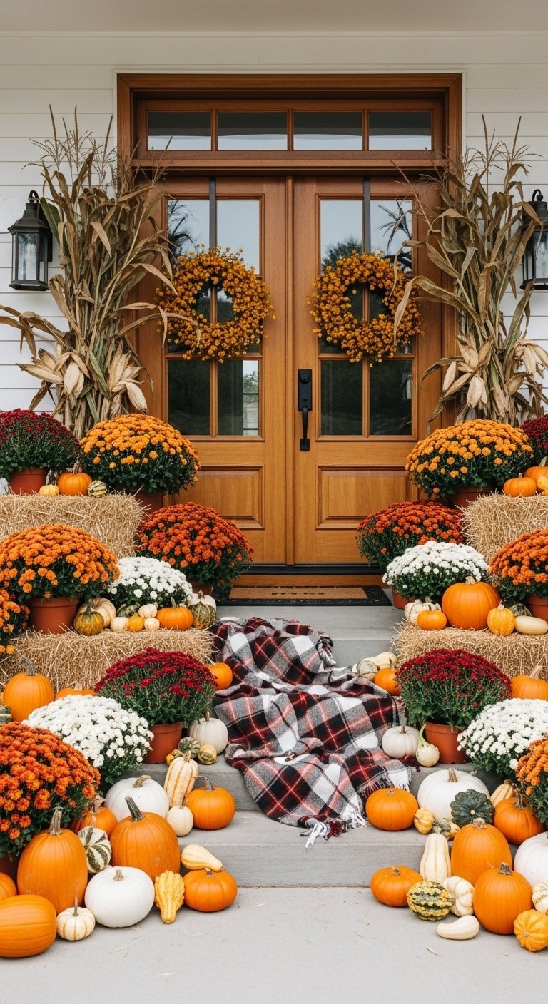 Porche de style ferme avec des bottes de foin et des chrysanthemes