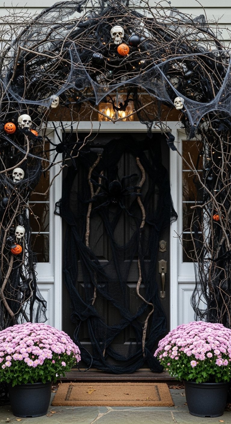 Porte noire encadrée par une arche de branches avec des crânes