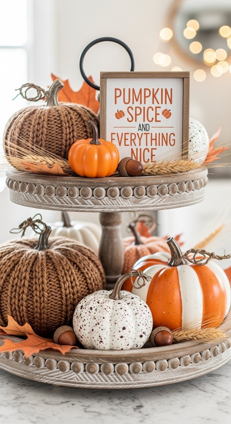 Presentoir a deux etages en bois avec des citrouilles en tricot et une pancarte pumpkin spice