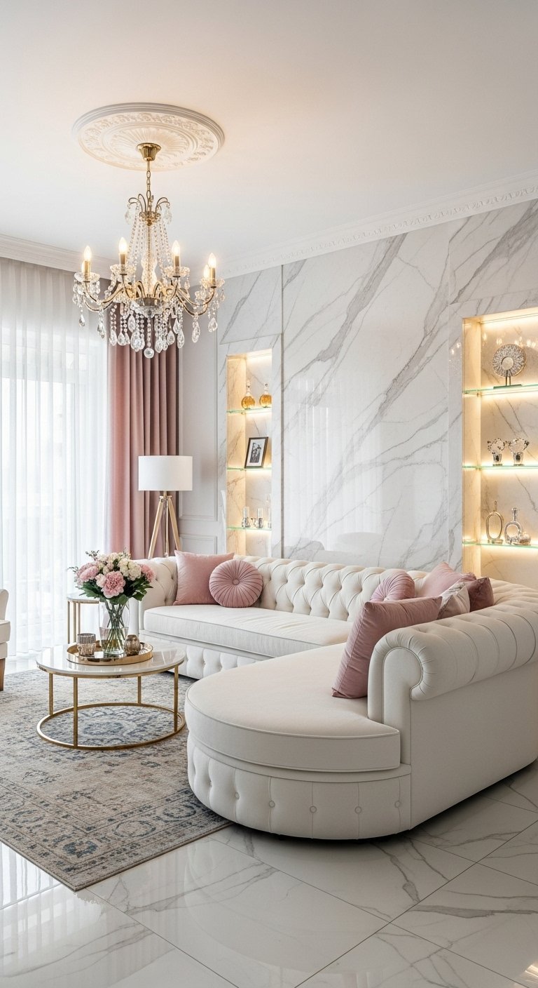 Salon de luxe avec canapé chesterfield blanc et mur en marbre