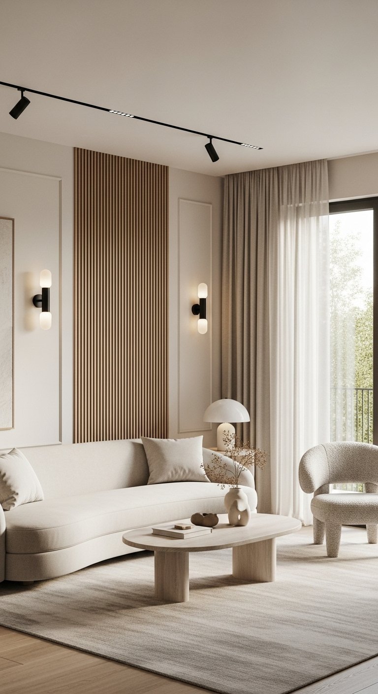Salon minimaliste avec mur d accent en lattes de bois et canapé beige
