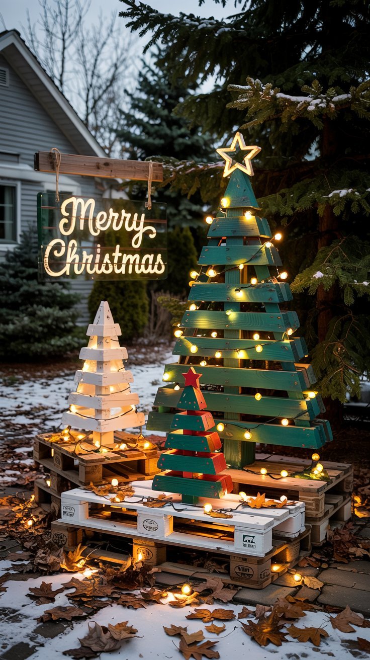 Sapins de Noel decoratifs fabriques avec des palettes en bois